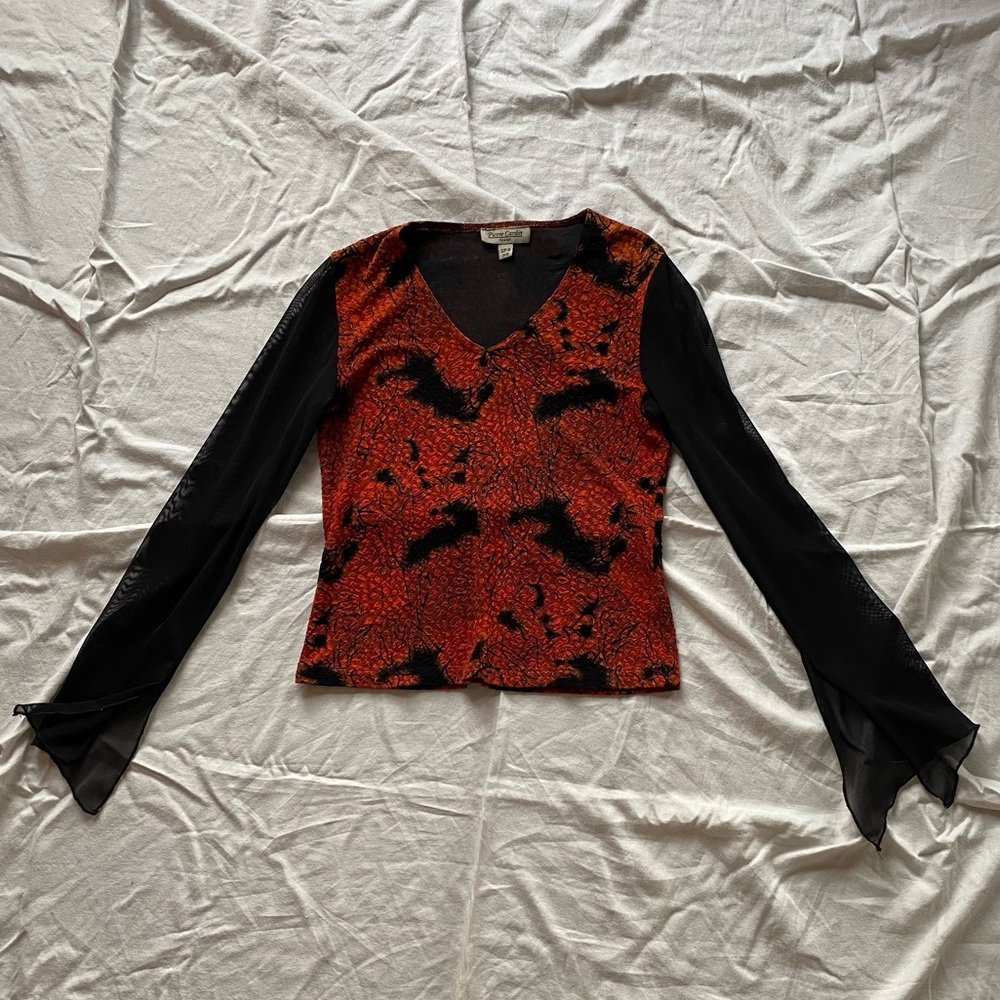 90s / Y2K patterned long sleeve top with mesh flowy sleeves
